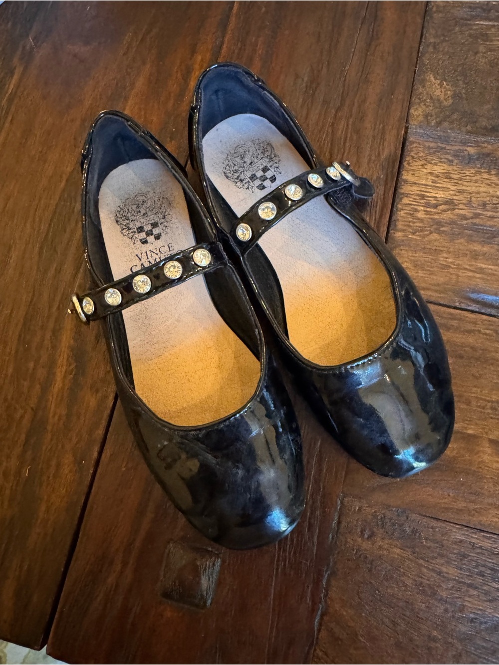 Vince Camuto Black Patent Mary Jane Flats with Crystal Strap